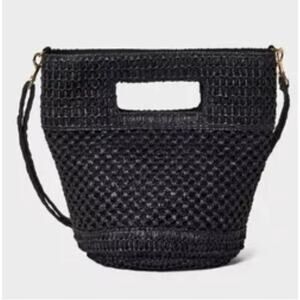 Universal Thread Black Straw Crossbody Bucket Bag with Braided Strap NEW